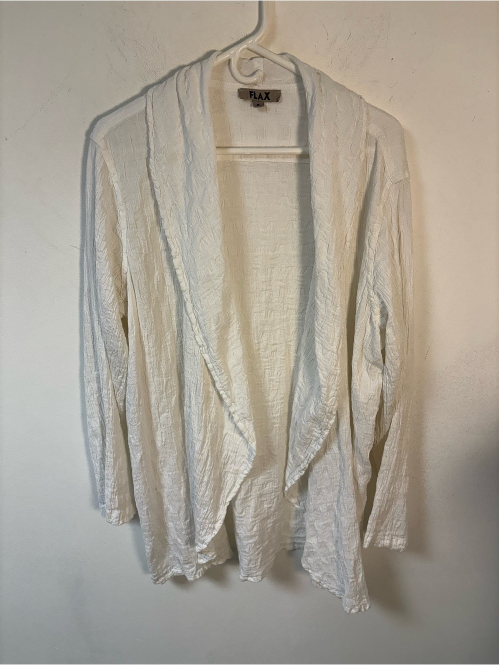 FLAX Open Front Textured Cardigan White Linen Blend Beachy Small Oversized